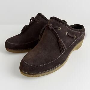 Lands End Suede Clog - Womens 7D - Brown Tassel Wedge Mules Sherpa Chalet